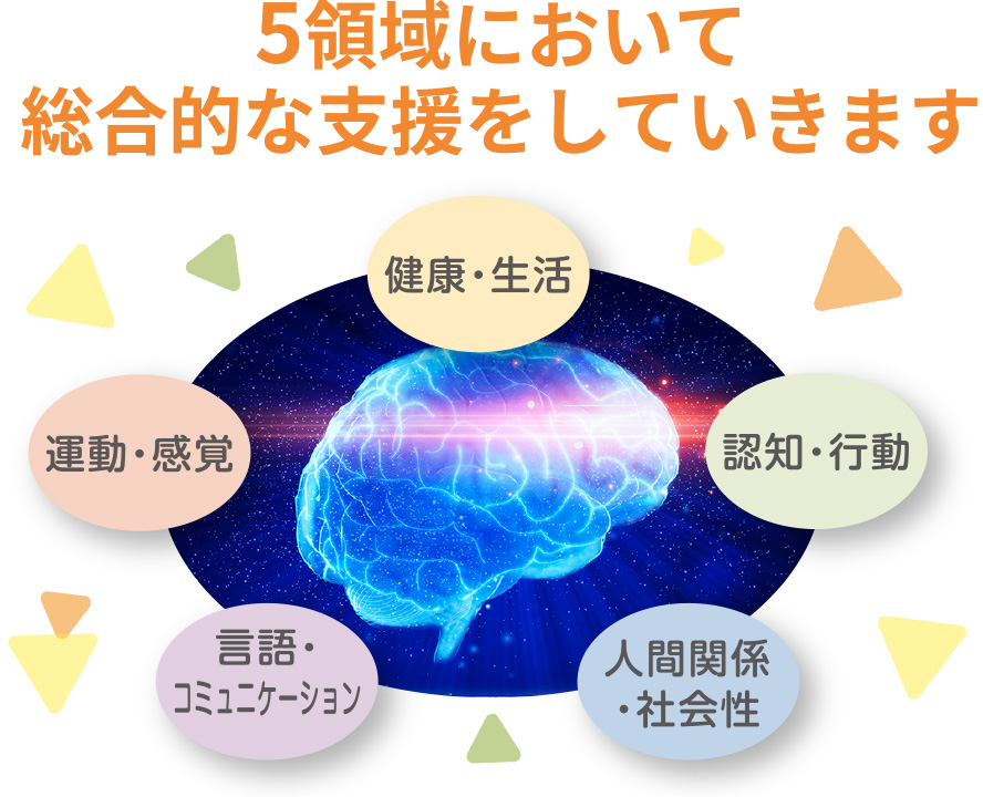 「健康・生活」「認知・行動」「人間関係・社会性」「言語・コミュニケーション」「運動・感覚」の5領域において総合的な支援をしていきます